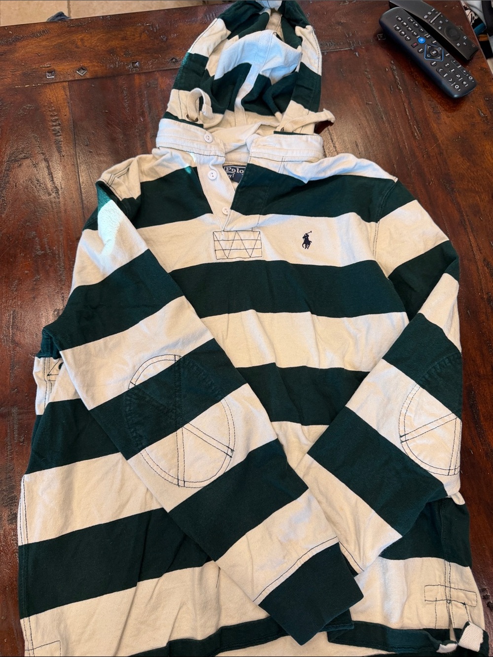 Polo by Ralph Lauren Green and White Hooded Rugby Pullover